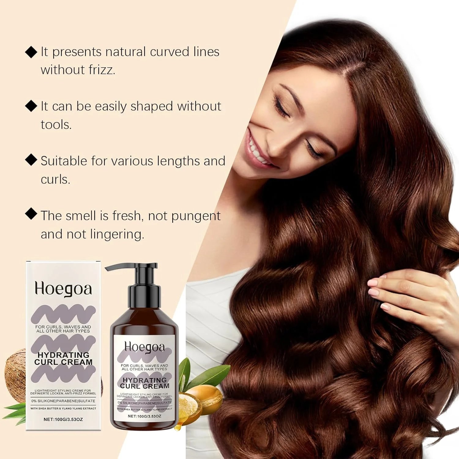 کرم فر کننده مو با عملکرد چندگانه برای موهای مجعد و فر، ترمیم کننده، آبرسان، حالت دهنده و استایل دهنده در یک مرحله، غنی شده با شی باتر، وز مو را از بین می برد و درخشندگی سالم را برای فرهای فنری باز می گرداند