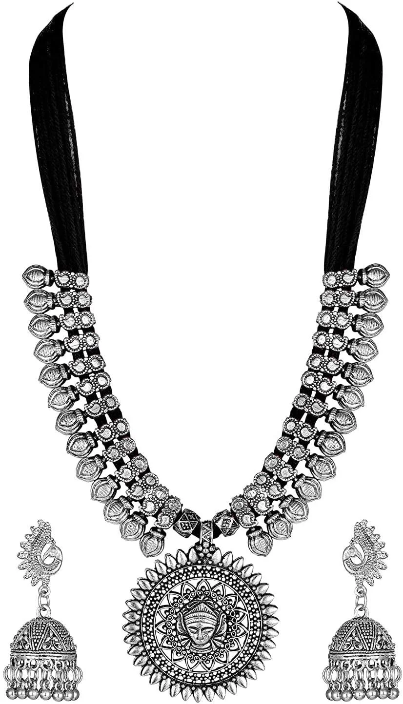 ست جواهرات گردنبند طرح الهه دورگا نقره ای اکسید شده جدیدترین مد روز زنانه