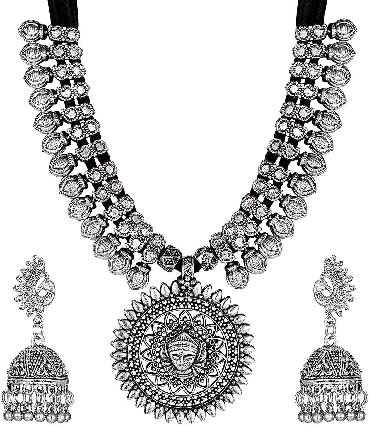 ست جواهرات گردنبند طرح الهه دورگا نقره ای اکسید شده جدیدترین مد روز زنانه ست جواهرات گردنبند طرح الهه دورگا نقره ای اکسید شده جدیدترین مد روز زنانه