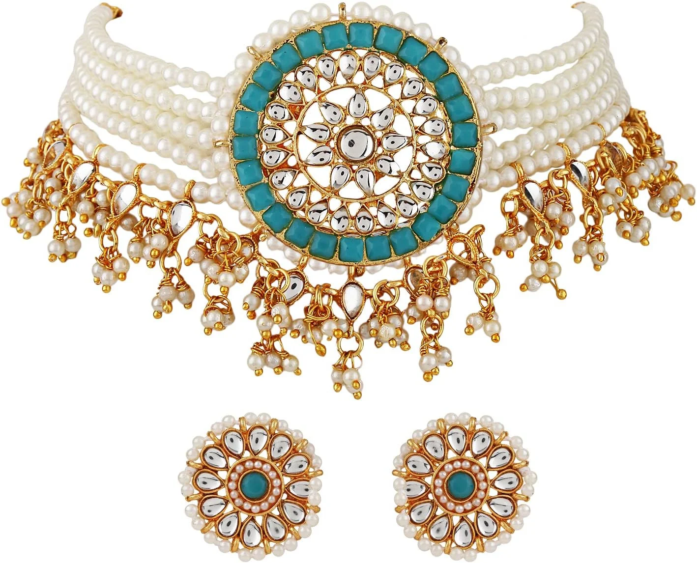 ست جواهرات گردنبند چوکر مرواریدی و نگین دار شیک و جدید زنانه با روکش طلای 18 عیار