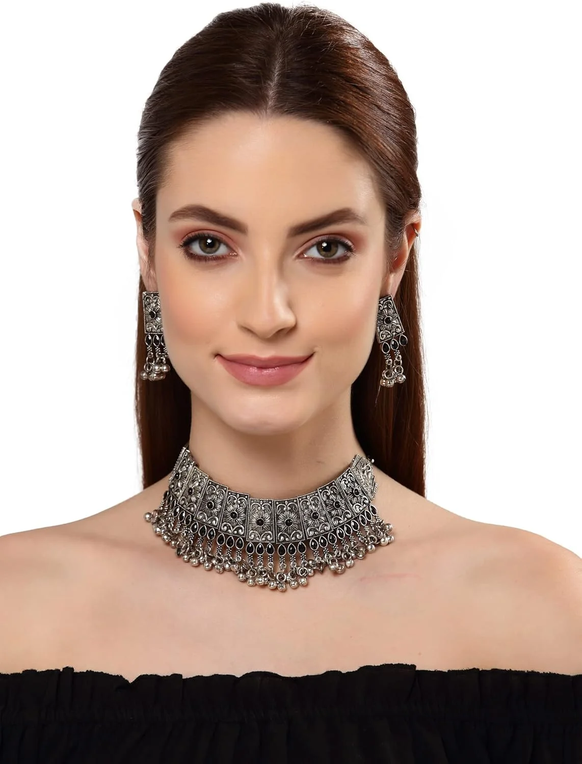 ست زیورآلات گردنبند نقره ای اکسید شده شیک و جدید زنانه