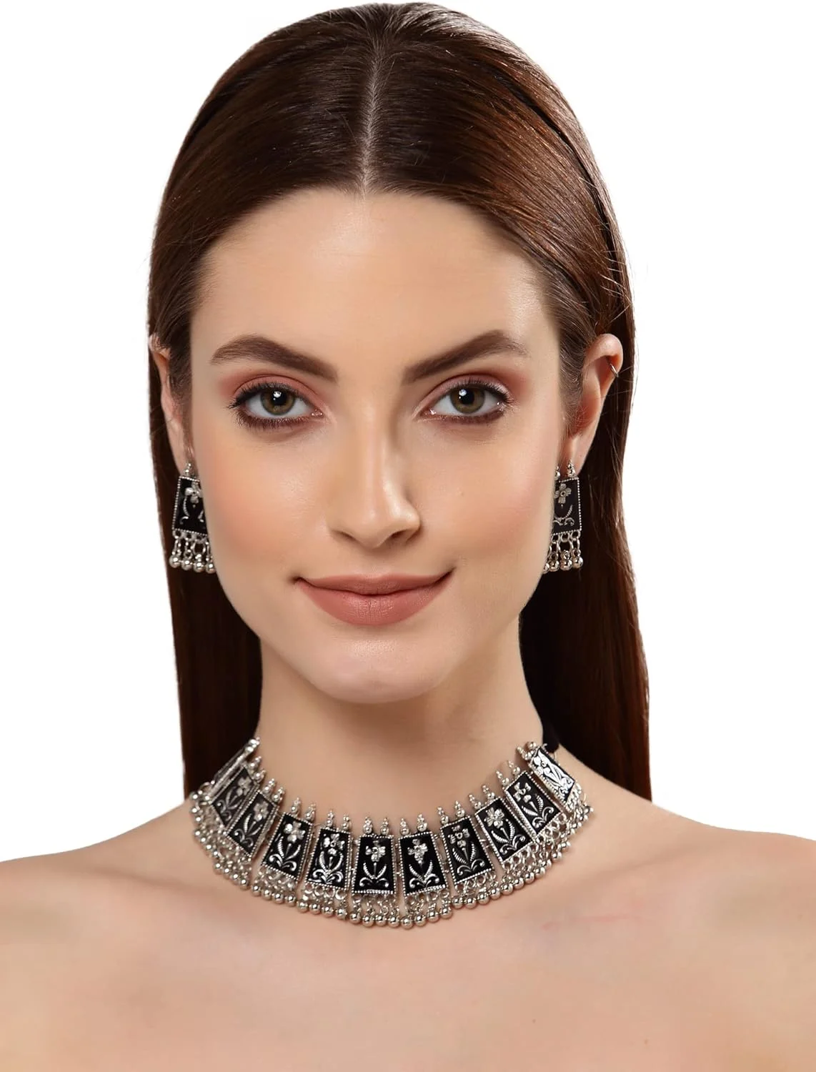 ست جواهرات گردنبند نقره ای اکسیدایز شده شیک و جدید زنانه ست جواهرات گردنبند نقره ای اکسیدایز شده شیک و جدید زنانه