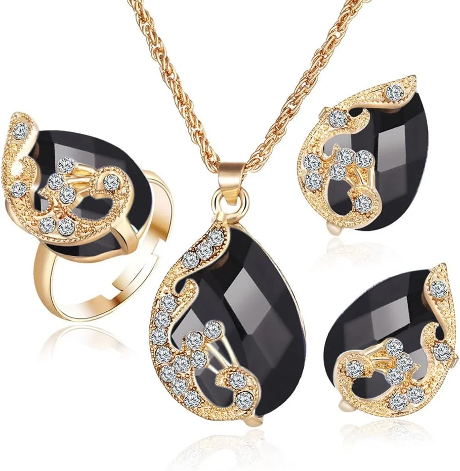 ست جواهرات شیک و جدید زنانه شامل گردنبند، گوشواره و انگشتر نگین دار | ست 3 تکه مناسب هدیه سالگرد ازدواج، تولد، نامزدی و روز عشق