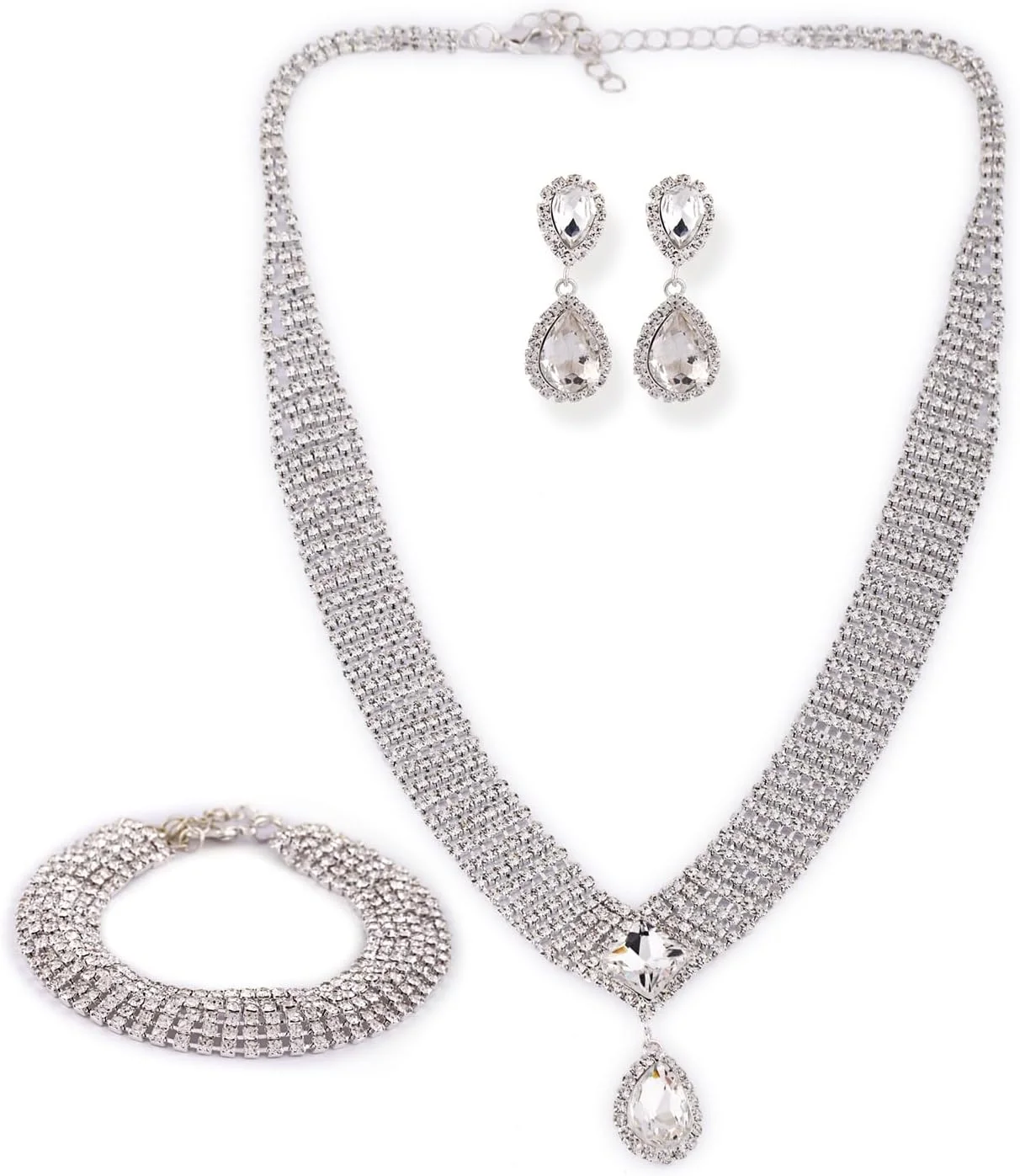 ست جواهرات گردنبند مجلسی نگین دار نقره ای زنانه شیک و جدید