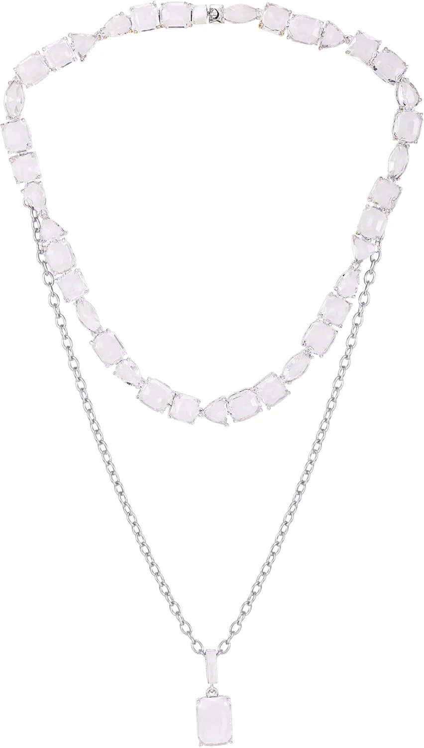 گردنبند آویز لایه ای سنگ شیشه ای کریستالی نقره ای حدس