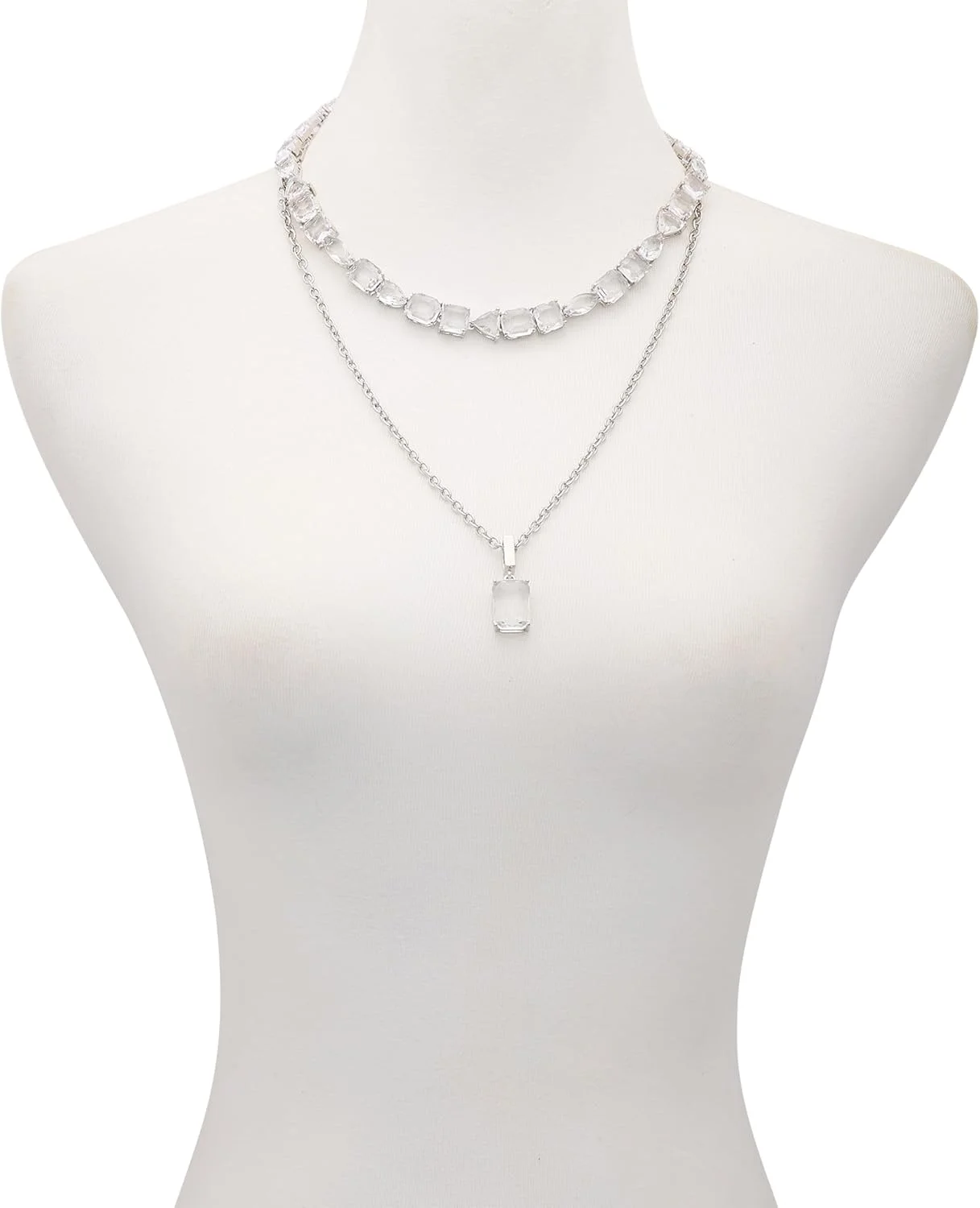 گردنبند آویز لایه ای سنگ شیشه ای کریستالی نقره ای حدس