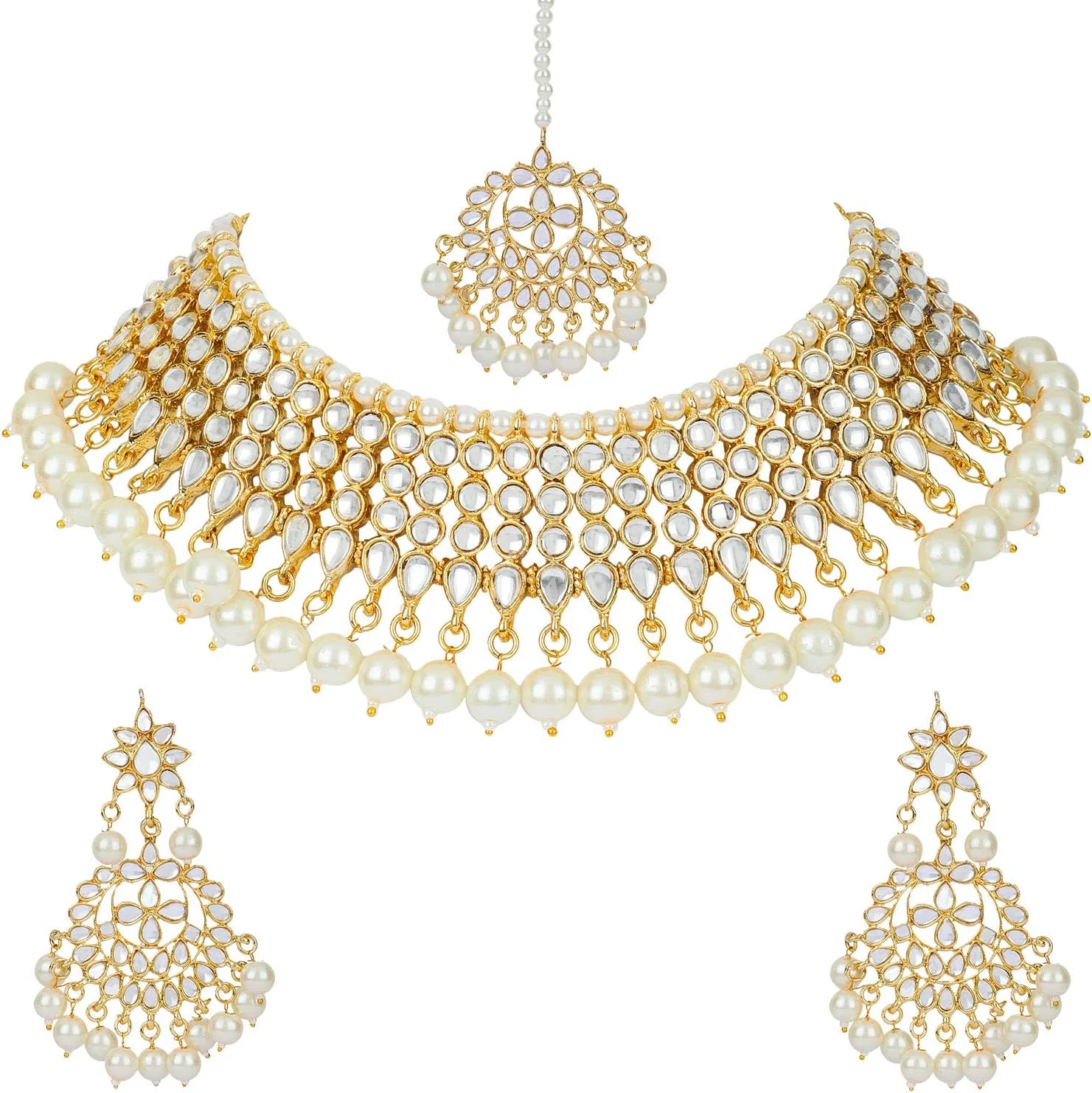 ست جواهرات زنانه شامل گردنبند چوکر، گوشواره کندن سنتی و مانگ تیکا با طراحی جدید و شیک (سفید)(A12180s)