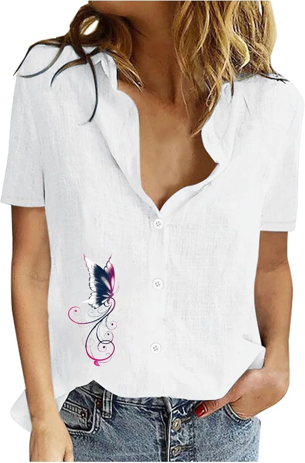 بلوز زنانه دکمه دار آستین کوتاه نخی و کتان، مناسب کار، طرح دار و زیبا