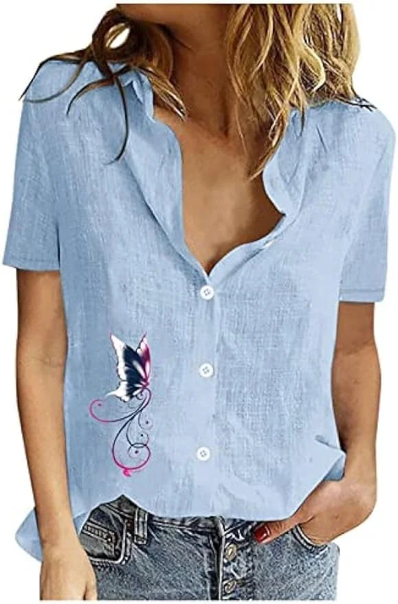 بلوز زنانه دکمه دار آستین کوتاه نخی و کتان، مناسب کار، طرح دار و زیبا