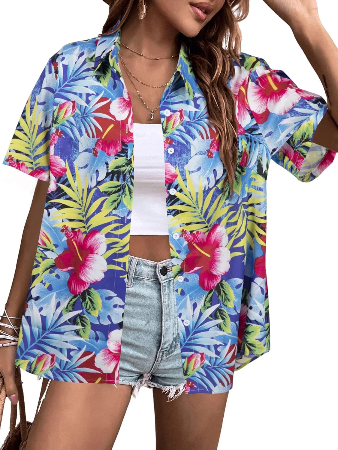 پیراهن های هاوایی زنانه با طرح گل های گرمسیری، بلوز آستین کوتاه دکمه دار یقه هفت