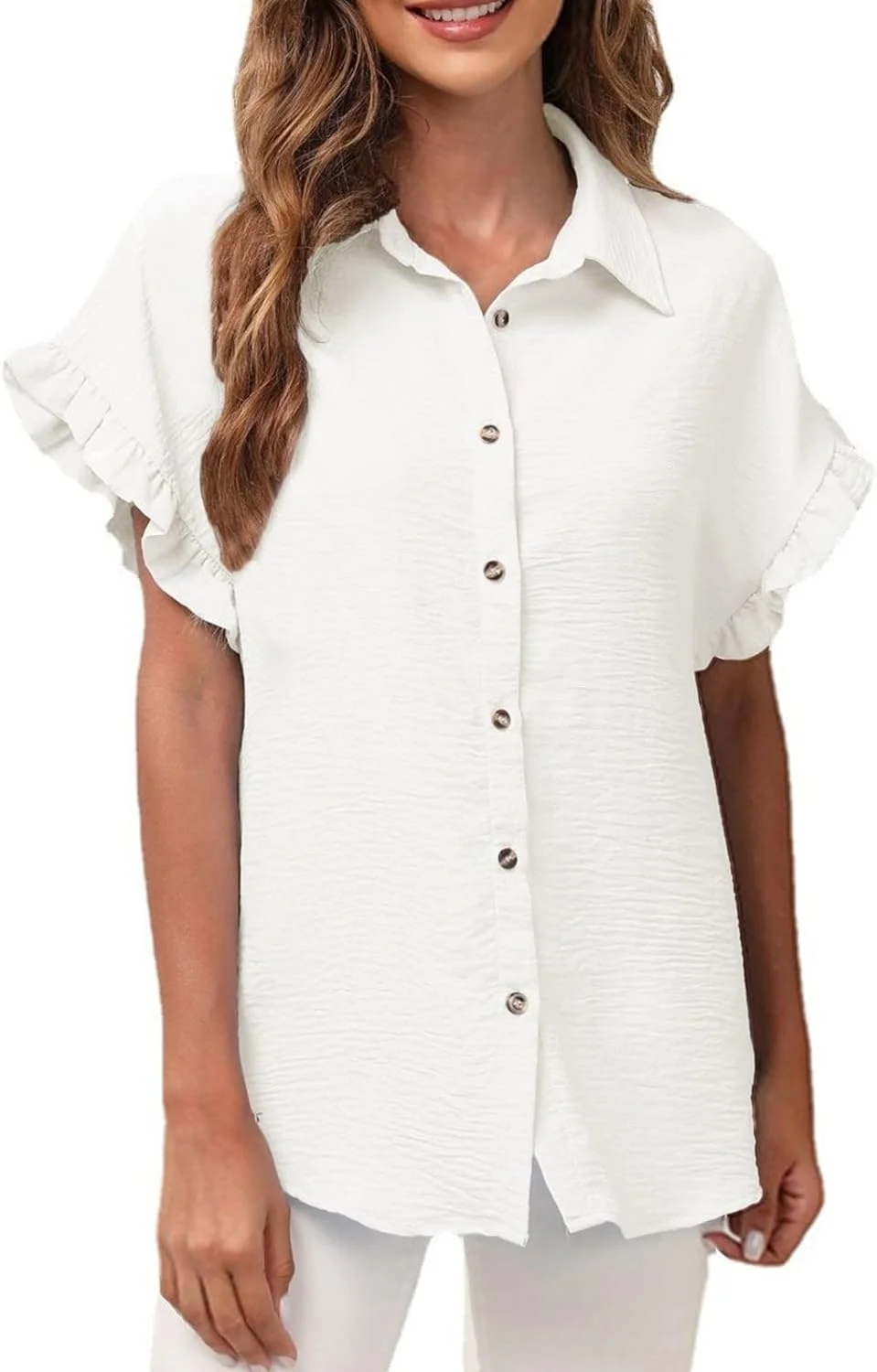 بلوز زنانه آستین کوتاه دکمه دار یقه دار نرم و لطیف با آستین چین دار مناسب تابستان