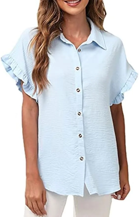 بلوز زنانه آستین کوتاه دکمه دار یقه دار نرم و لطیف با آستین چین دار مناسب تابستان