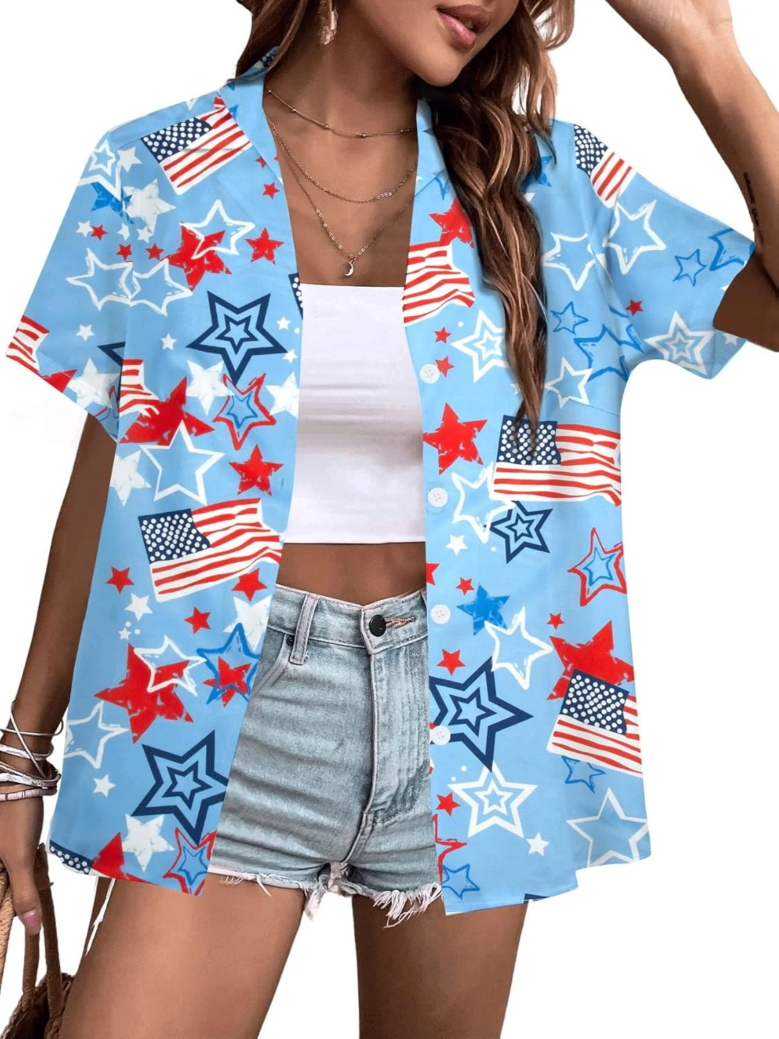 بلوز زنانه طرح پرچم آمریکا، تاپ های میهنی برای چهارم جولای، بلوزهای گلدار هاوایی آمریکا، بلوزهای دکمه دار روز یادبود، آبی، XL