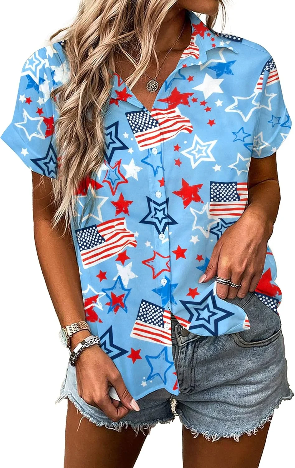 بلوز زنانه طرح پرچم آمریکا، تاپ های میهنی برای چهارم جولای، بلوزهای گلدار هاوایی آمریکا، بلوزهای دکمه دار روز یادبود، آبی، XL