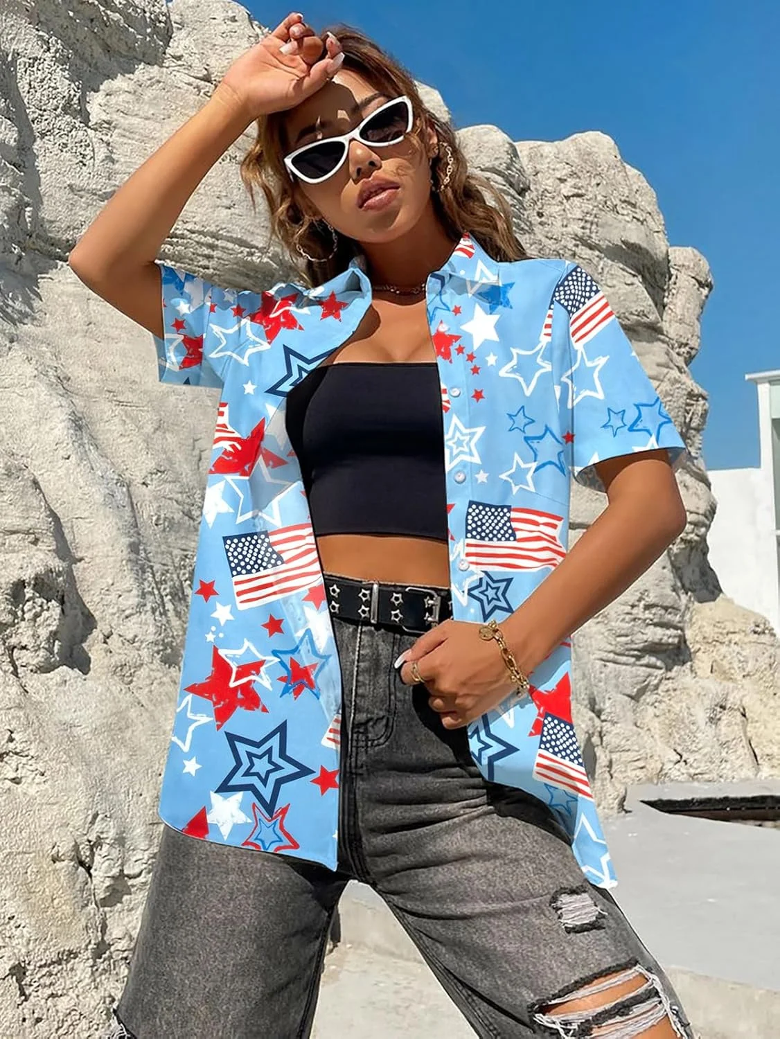 بلوز زنانه طرح پرچم آمریکا، تاپ های میهنی برای چهارم جولای، بلوزهای گلدار هاوایی آمریکا، بلوزهای دکمه دار روز یادبود، آبی، XL