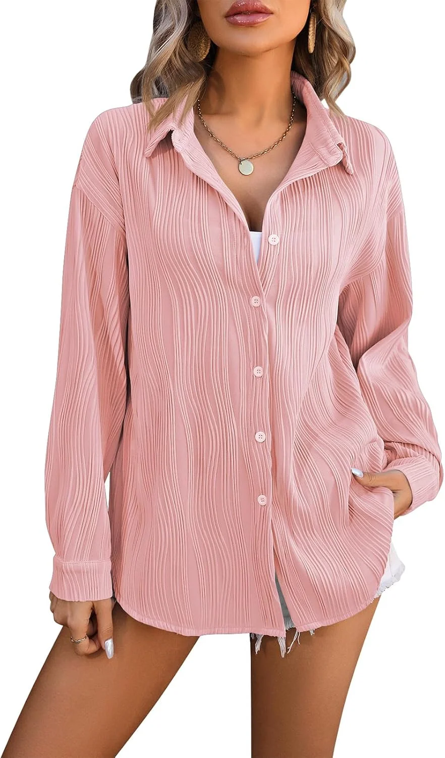 بلوز زنانه Amropi، پیراهن پلیسه دار، آستین بلند، دکمه دار، یقه هفت، صورتی، XXL