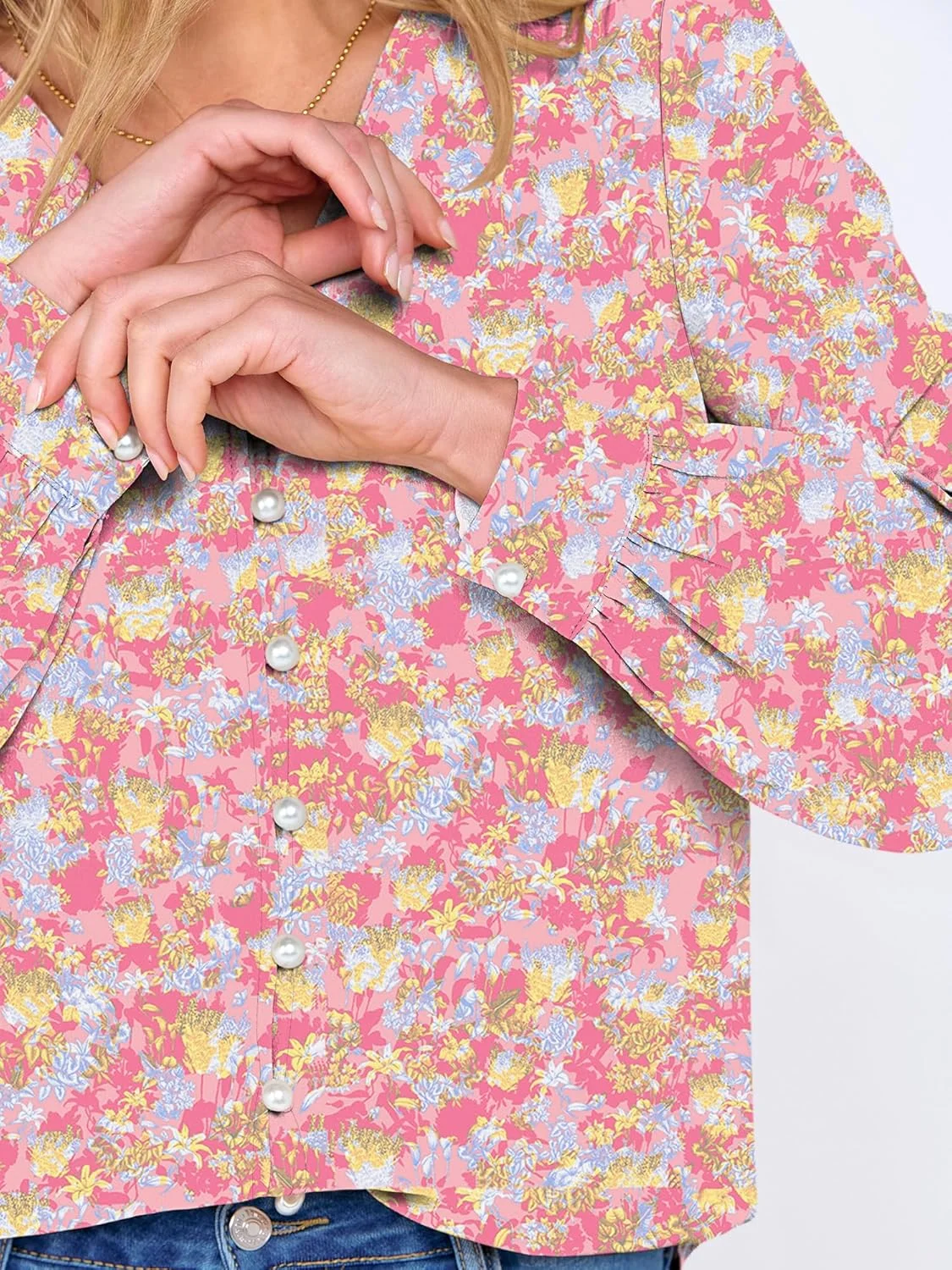 ANRABESS تاپ زنانه بوهو، دکمه دار، آستین بلند، یقه هفت، بلوزهای طرح دار شیک و غیر رسمی مناسب محل کار، لباس های پاییزی تعطیلات 2025