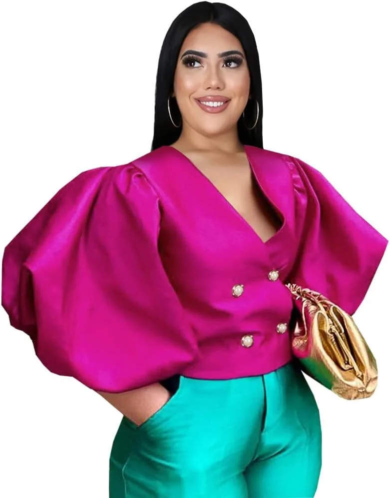 بلوز آستین فانوسی یقه هفت دکمه دار زنانه AOMEI