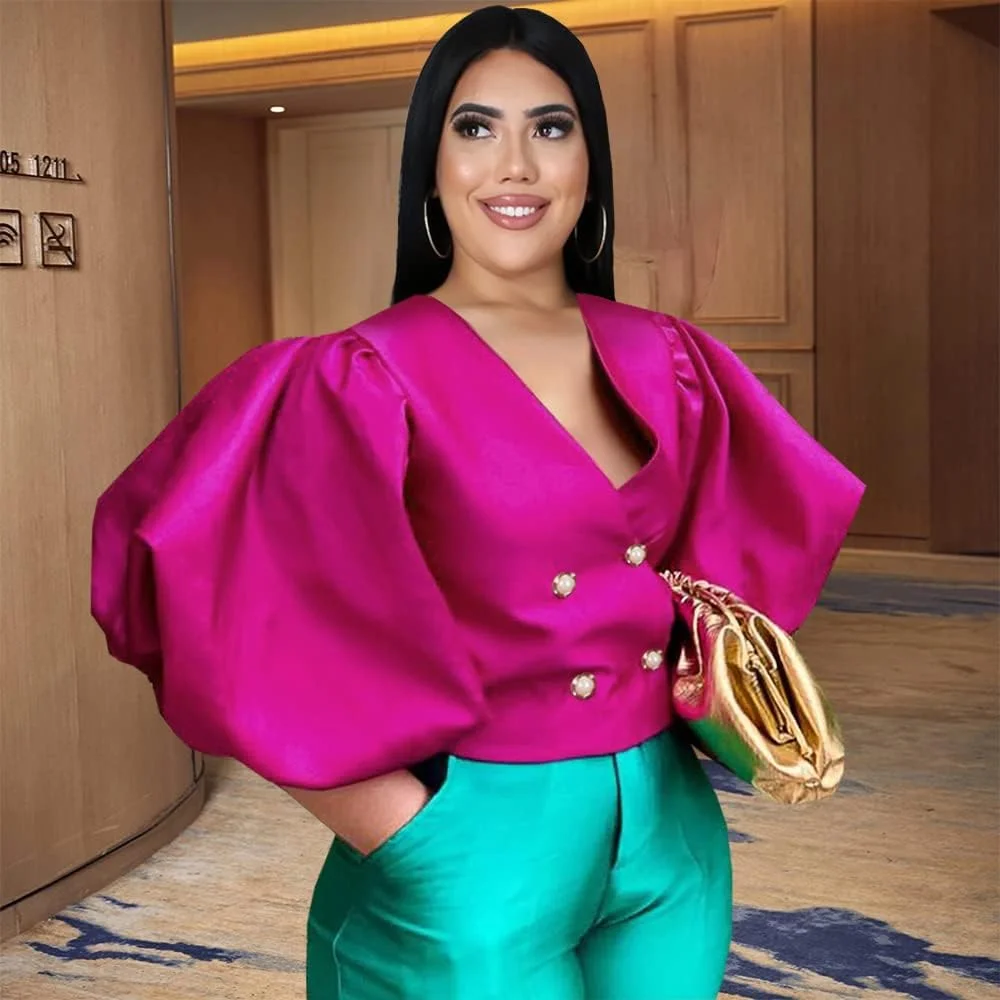 بلوز آستین فانوسی یقه هفت دکمه دار زنانه AOMEI