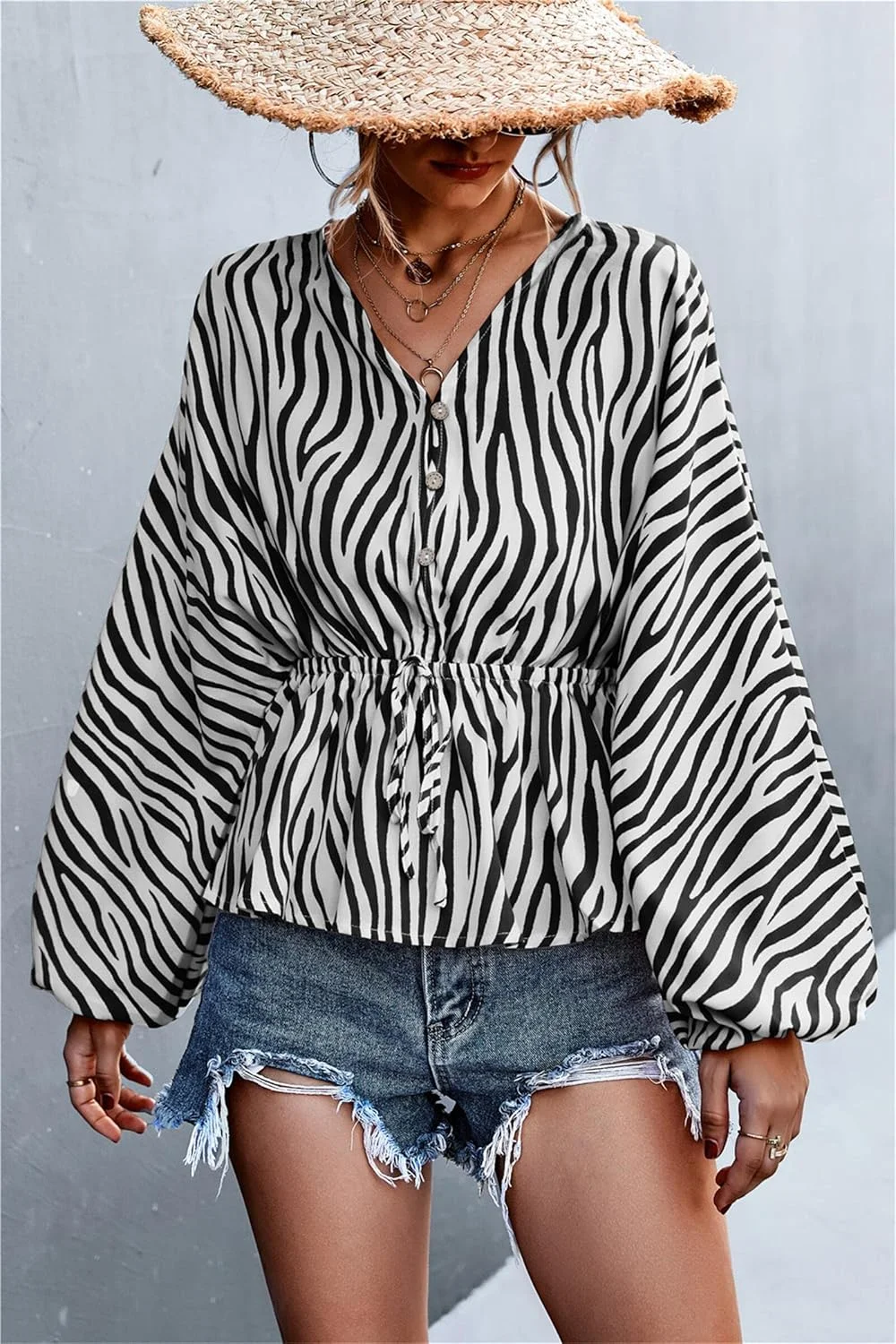 Aobiono بلوز زنانه طرح گورخری دکمه دار آستین پفی بلند بهاری تابستانی کمر چین دار شیفون، مشکی، M