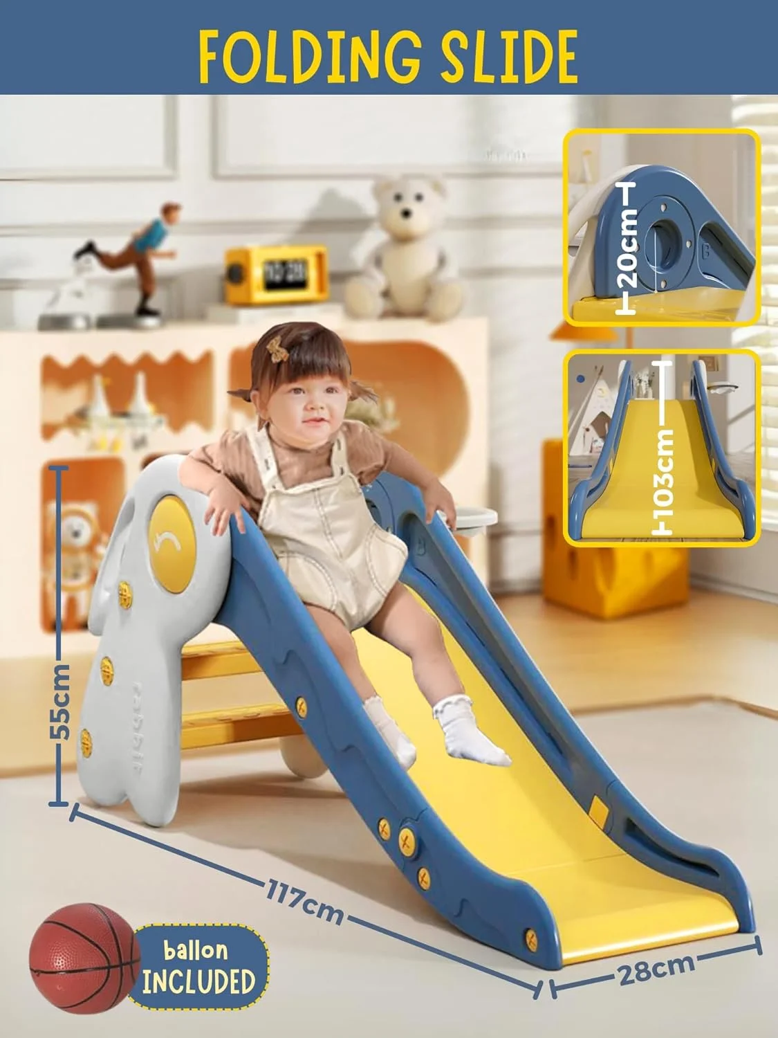 سرسره تاشو کودک جورانب، سرسره تاشو برای کودکان با سطح شیب دار خارجی و داخلی برای باغ با سبد بسکتبال، نردبان های ضد لغزش برای بازی (آبی) سرسره تاشو کودک جورانب، سرسره تاشو برای کودکان با سطح شیب دار خارجی و داخلی برای باغ با سبد بسکتبال، نردبان های ضد لغزش برای بازی (آبی)