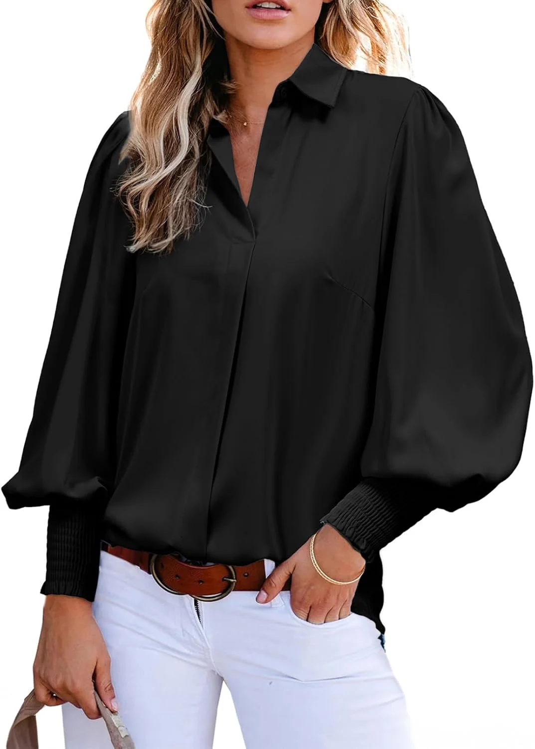 بلوز آستین فانوسی زنانه دکمه دار یقه هفت