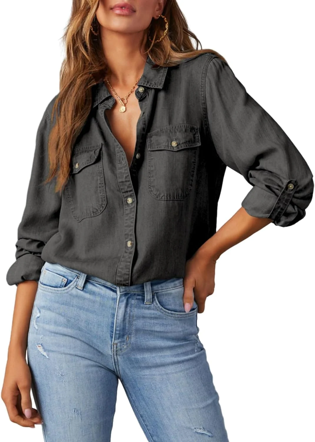 بلوز زنانه دکمه دار آستین بلند یقه هفت، مدل جین