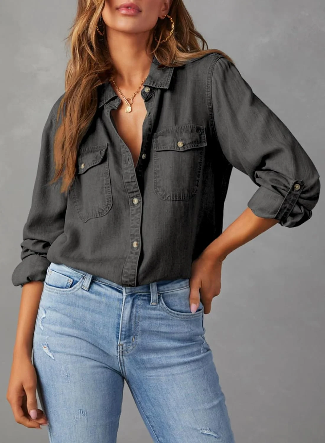 بلوز زنانه دکمه دار آستین بلند یقه هفت، مدل جین