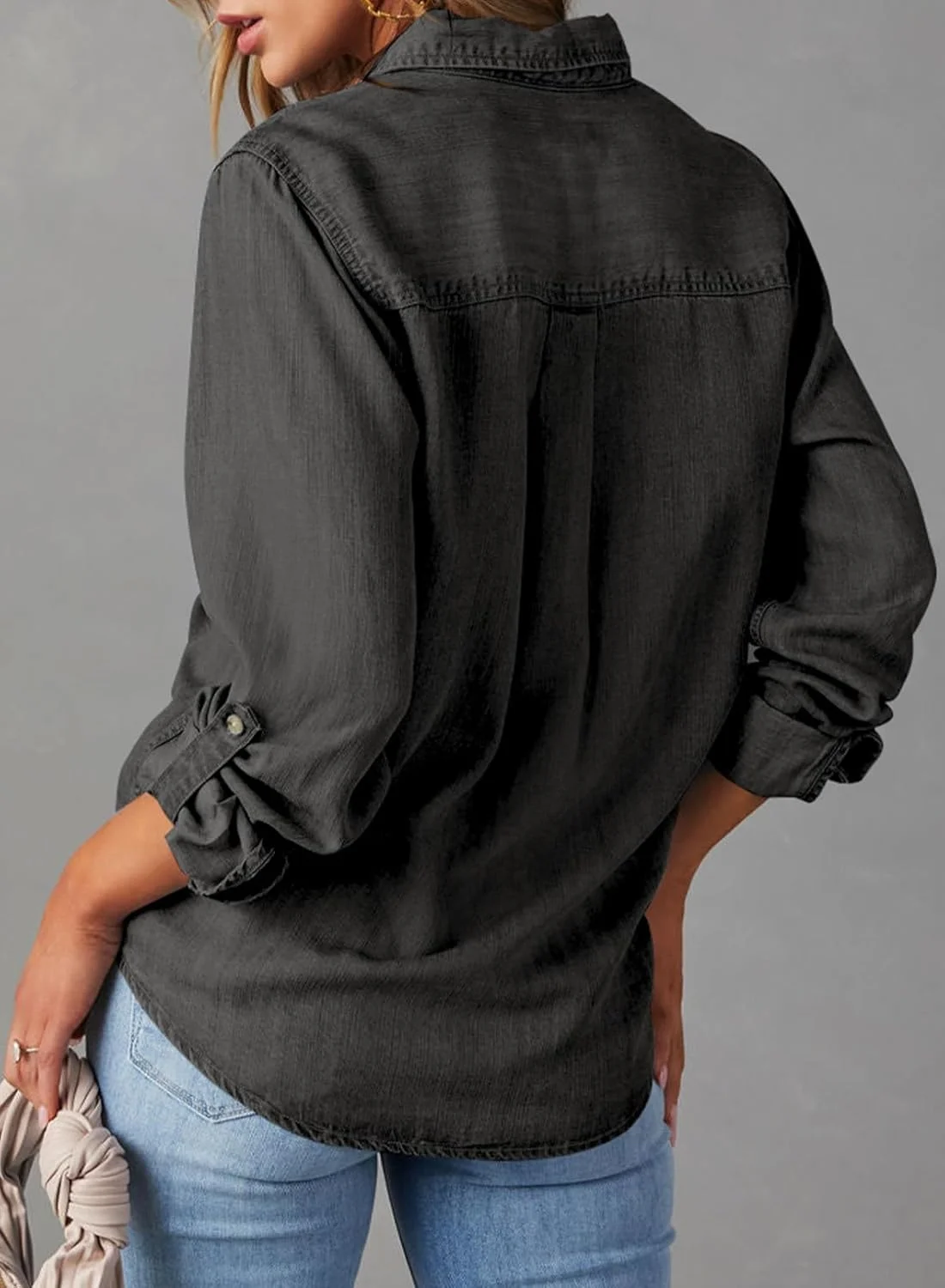 بلوز زنانه دکمه دار آستین بلند یقه هفت، مدل جین