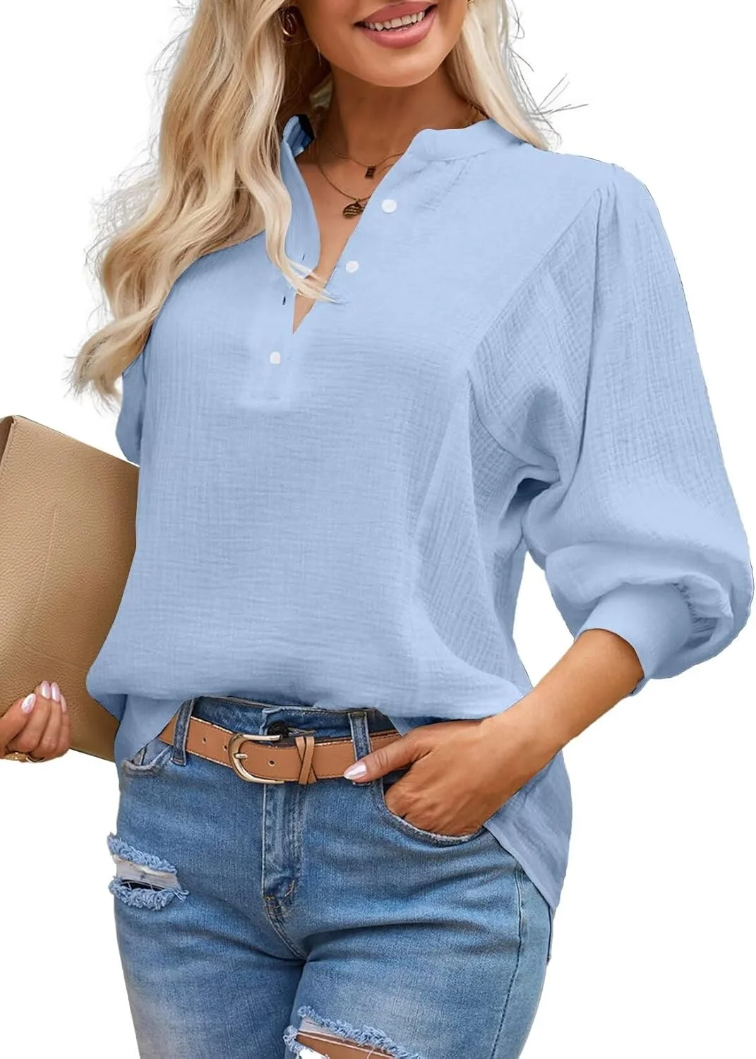 بلوز زنانه آستین فانوسی دکمه دار یقه هفت با بافت تزیینی