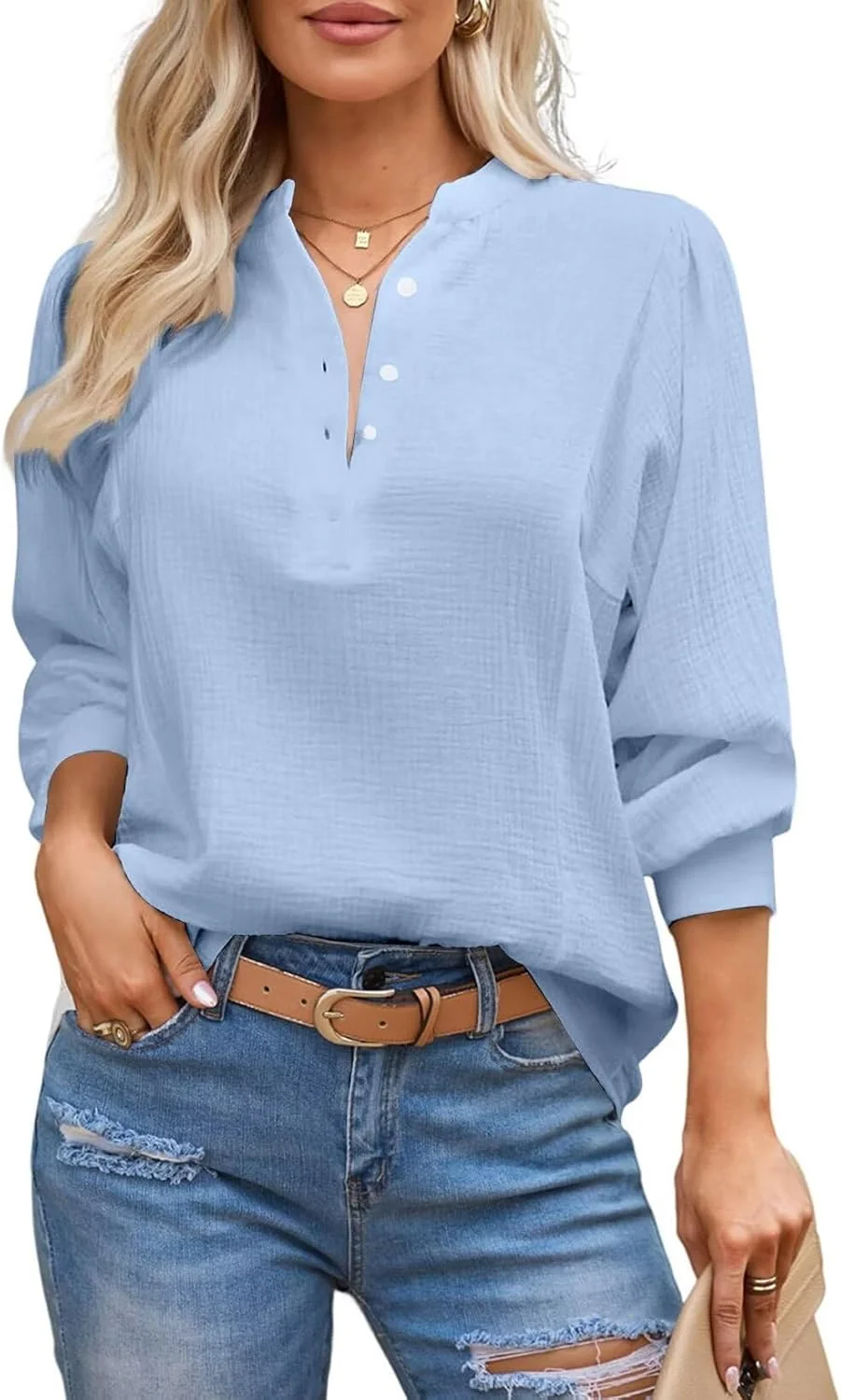 بلوز زنانه آستین فانوسی دکمه دار یقه هفت با بافت تزیینی