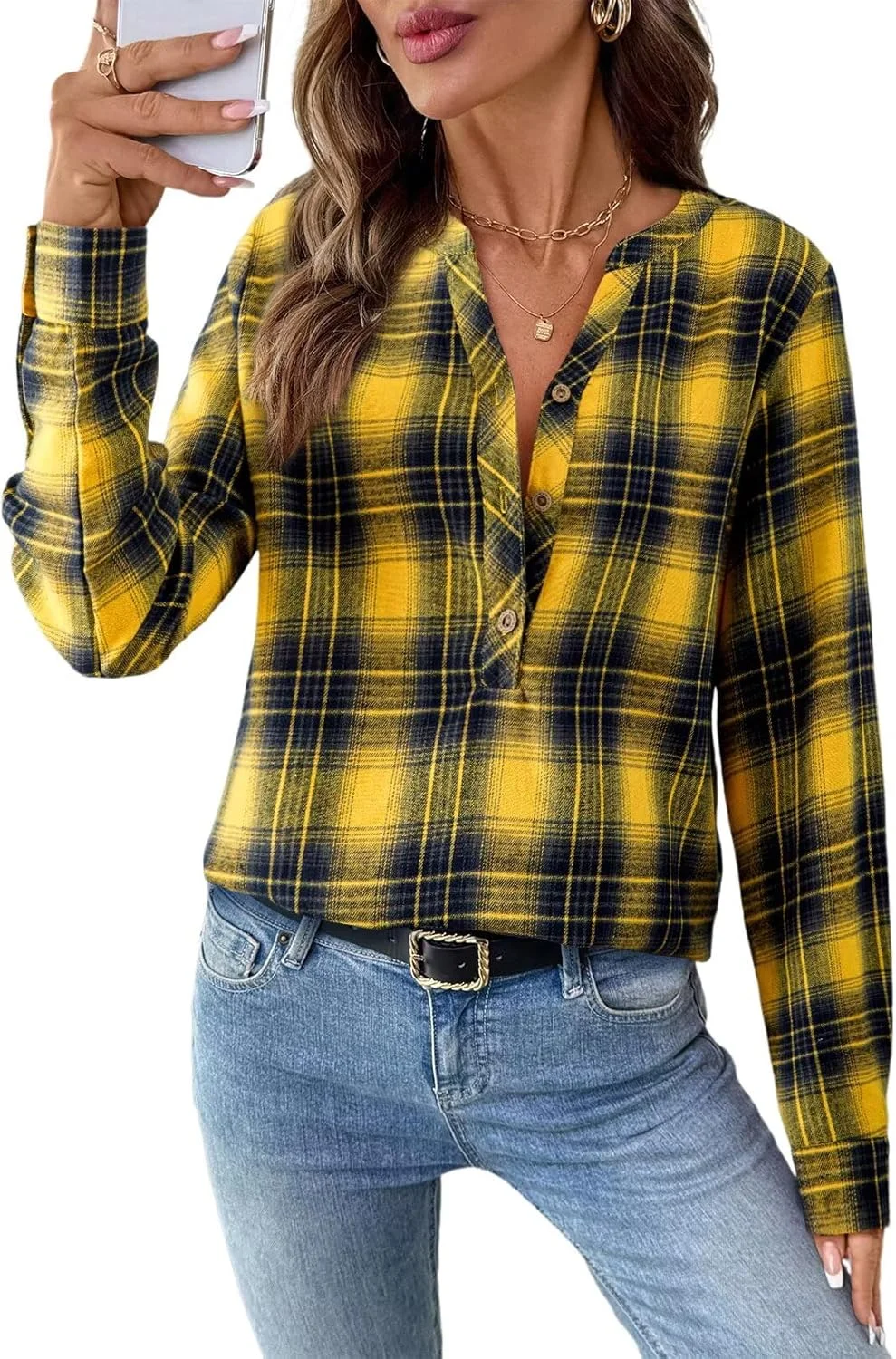 پیراهن های چهارخانه یقه هفت زنانه آستایلیش، بلوزهای مجلسی شیک، تاپ های دکمه دار مناسب کار و محیط های رسمی، آستین بلند، مناسب پاییز 2025