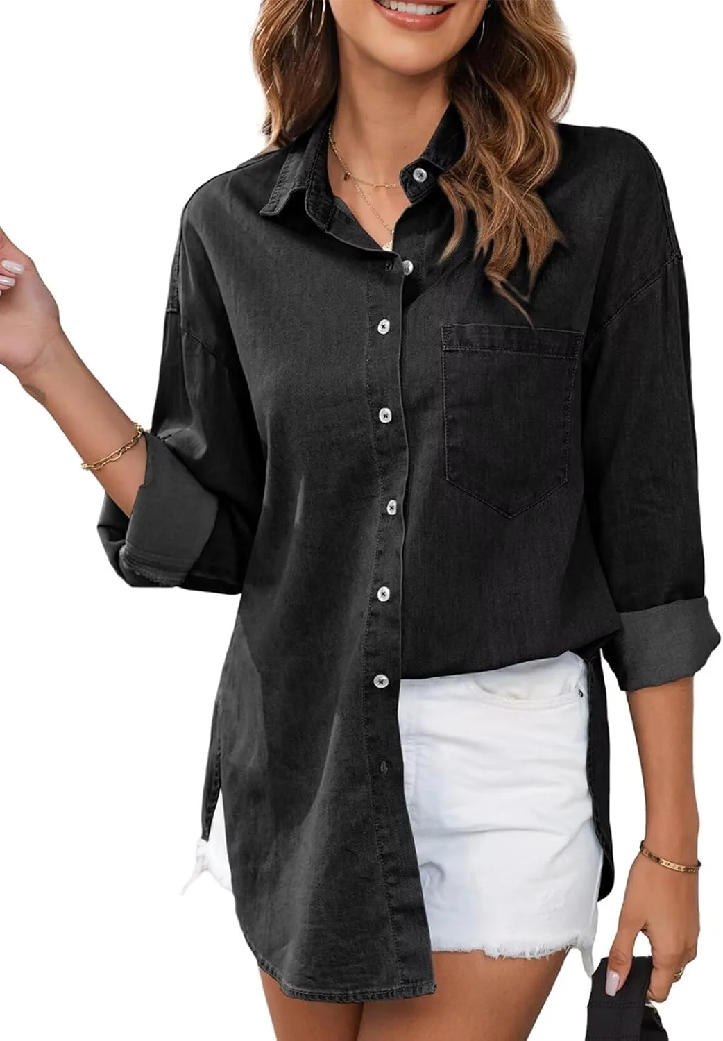 بلوز زنانه آستین بلند، یقه هفت، مدل دکمه دار، شومیز جین