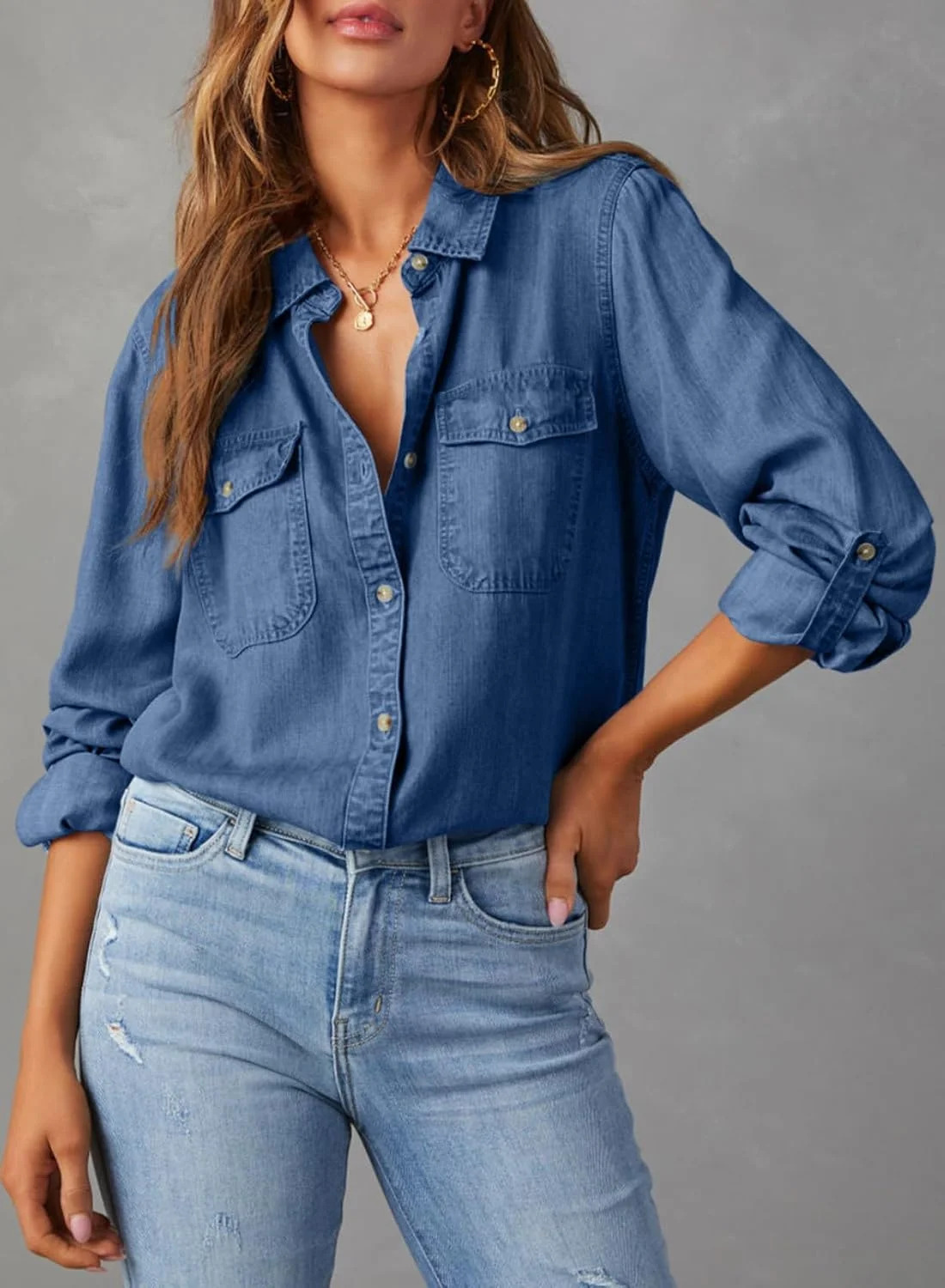 بلوز زنانه دکمه دار آستین بلند یقه هفت، مدل جین