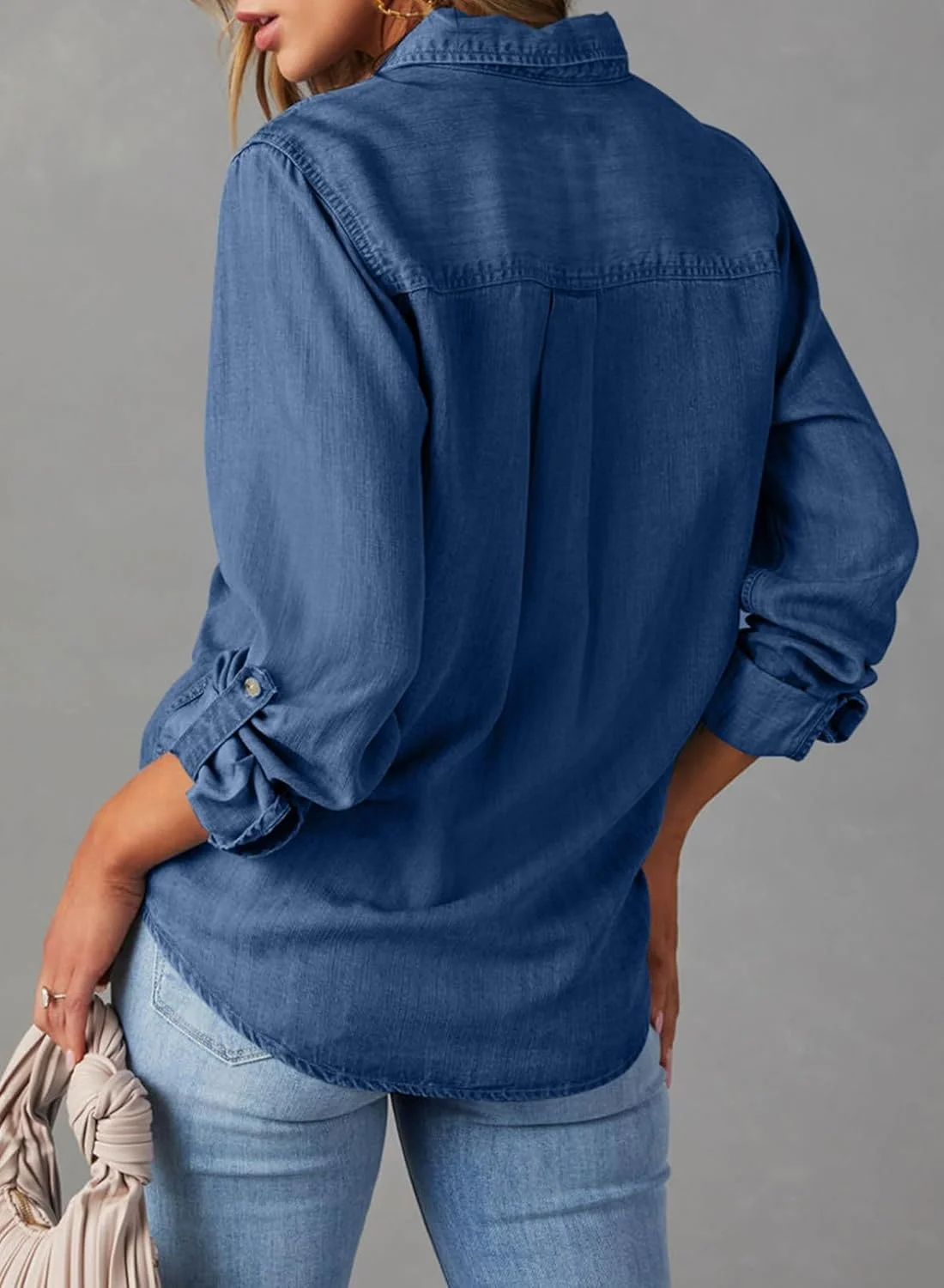 بلوز زنانه دکمه دار آستین بلند یقه هفت، مدل جین