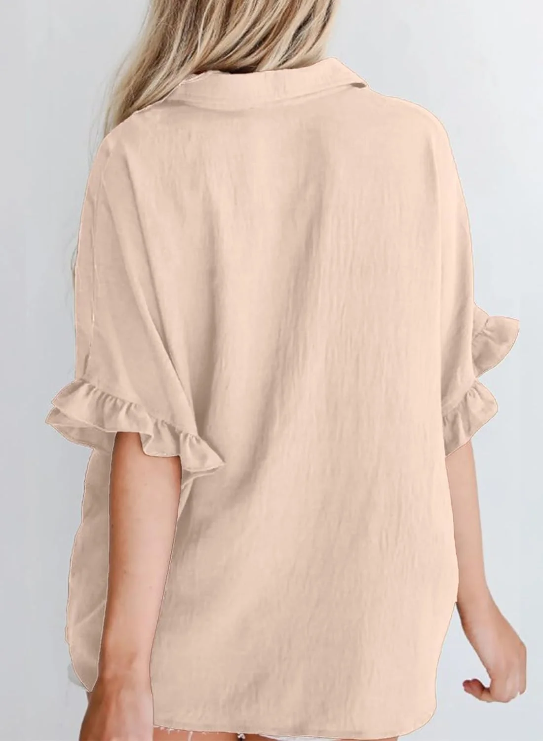 بلوز آستین کوتاه زنانه دکمه دار با یقه هفت و طرح چین دار، بژ، XXL