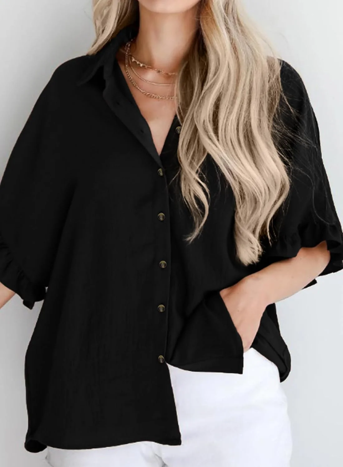 بلوز آستین کوتاه زنانه دکمه دار آستایلیش، یقه هفت، طرح دار، مشکی، سایز S