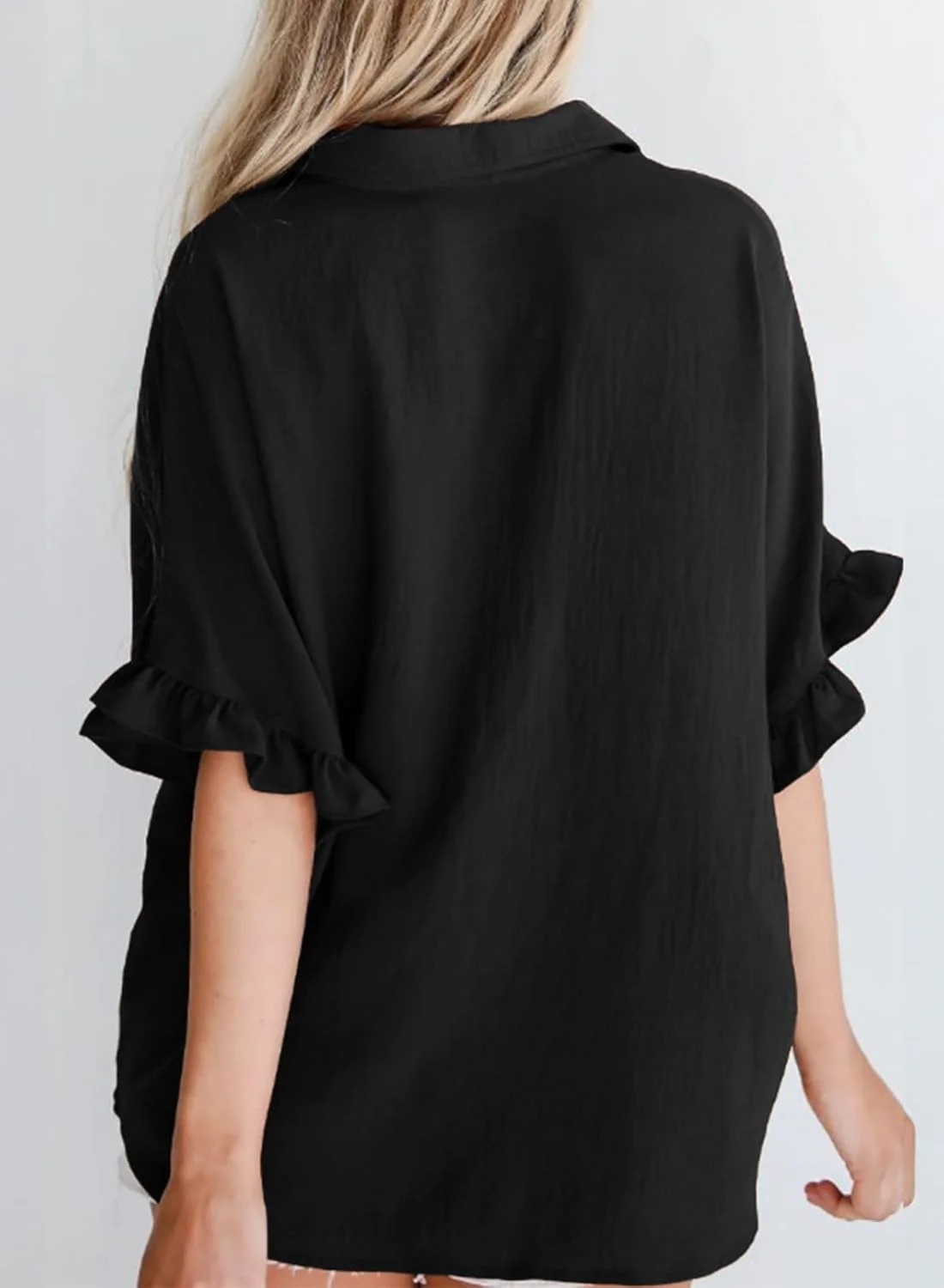 بلوز آستین کوتاه زنانه دکمه دار آستایلیش، یقه هفت، طرح دار، مشکی، سایز S