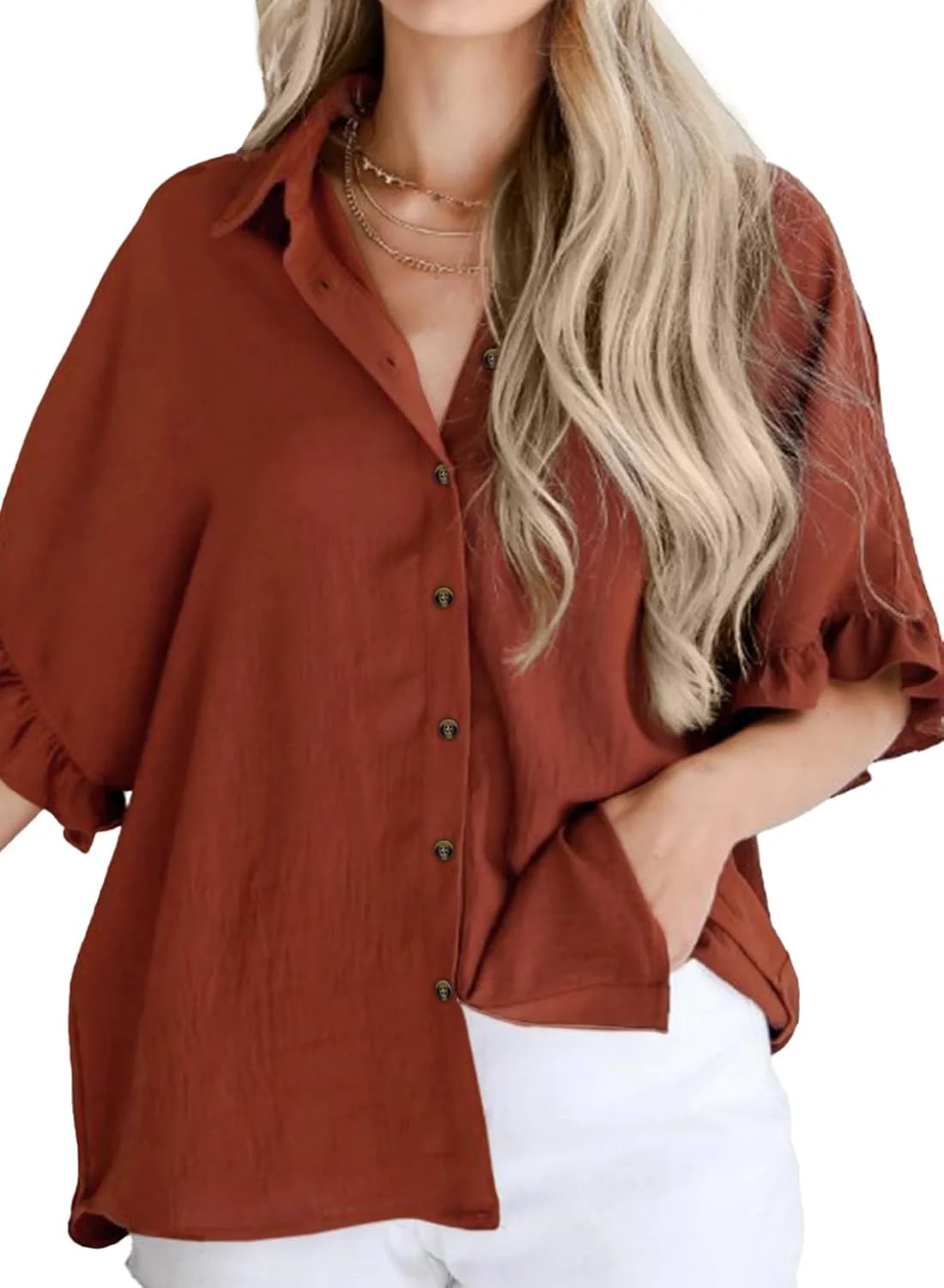 بلوز آستین کوتاه زنانه دکمه دار، یقه هفت، طرح دار - رنگ شتری - سایز M