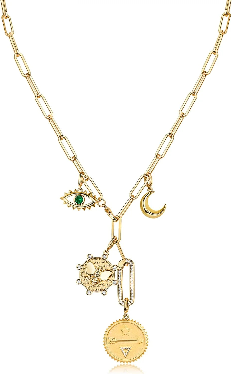 گردنبند زنانه با روکش طلای 14 عیار | زنجیر گیره کاغذی با آویزهای قابل جابجایی – ماه، پروانه، پیکان و دیسک سنگ قیمتی | جواهرات طلایی شیک