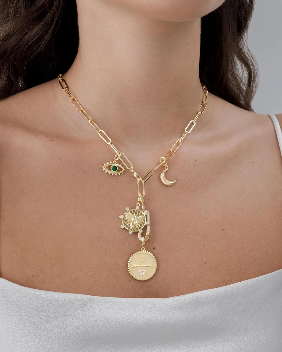 گردنبند زنانه با روکش طلای 14 عیار | زنجیر گیره کاغذی با آویزهای قابل جابجایی – ماه، پروانه، پیکان و دیسک سنگ قیمتی | جواهرات طلایی شیک