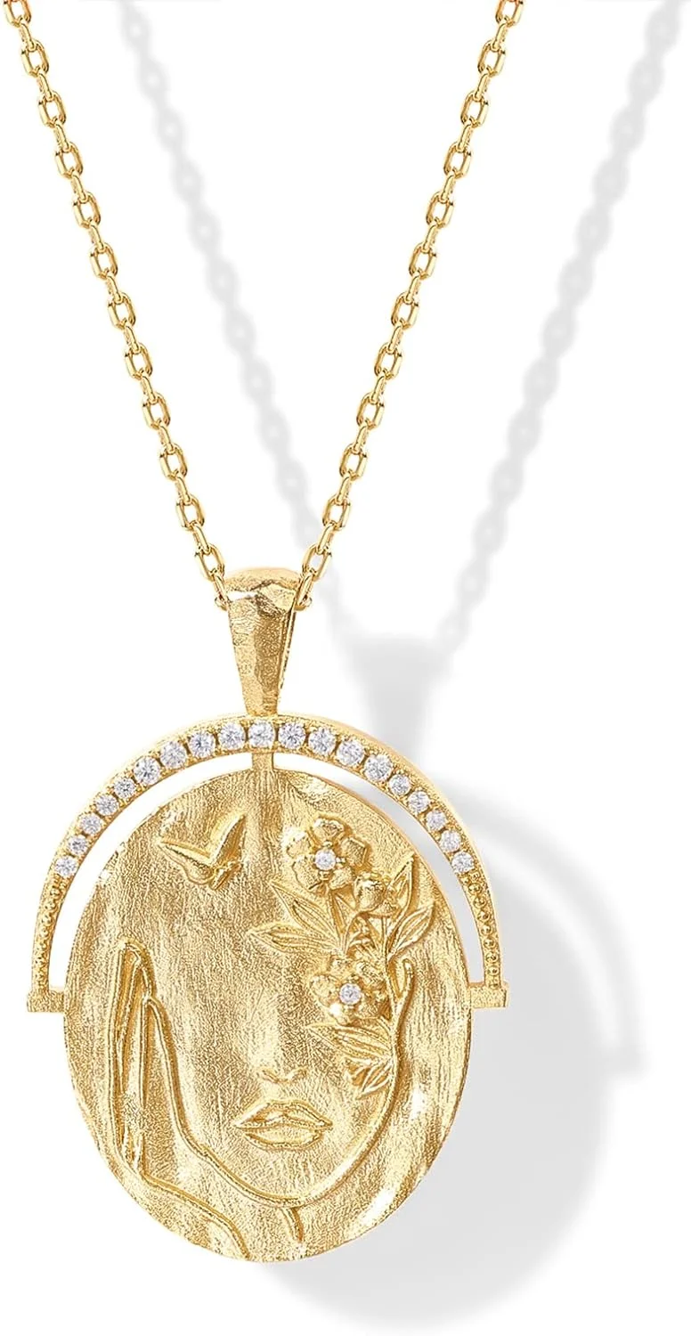 گردنبند آویز سکه ای بیضی شکل حکاکی شده با روکش طلای 14 عیار PAVOI برای زنان | آویزهای بوهمی ستاره ای دست همسا با زنجیر قابل تنظیم | عبارات الهام بخش آرامش بخش