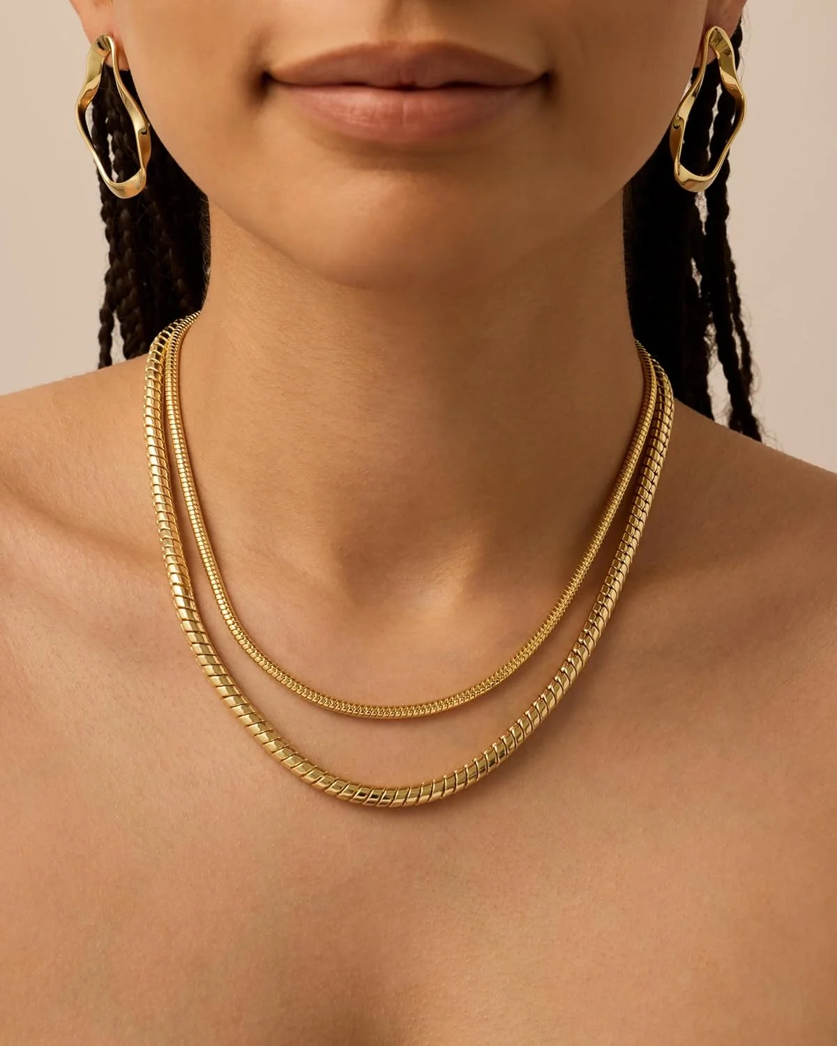 گردنبند زنجیری ماری پهن زنانه با روکش طلای 14 عیار | گردنبند الهام گرفته از طراحان