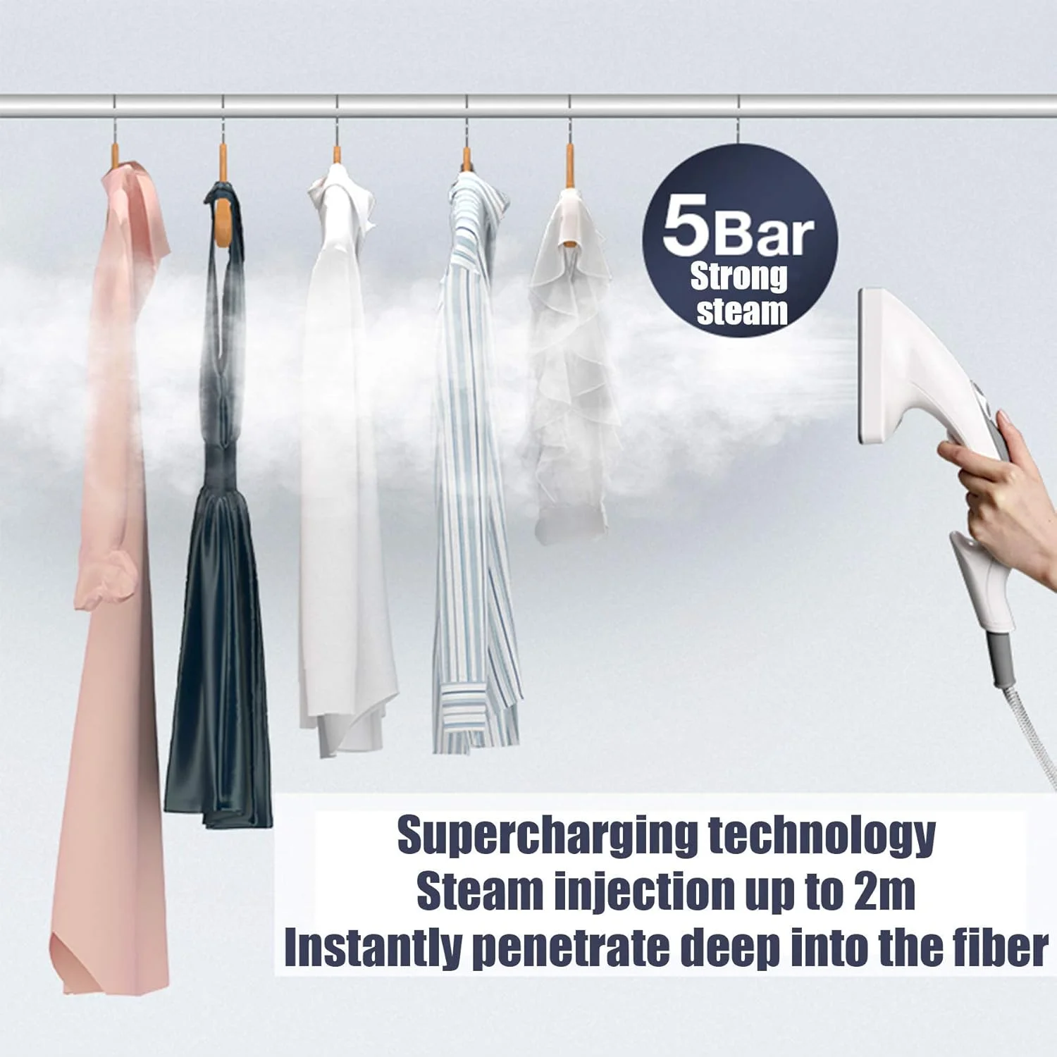 بخارگر لباس YQGOO - بخارگر عمودی دو میله تاشو قابل تنظیم 2000 وات با مخزن آب 2.5 لیتری و 6 سطح تنظیم بخار به همراه برس پارچه و چوب لباسی