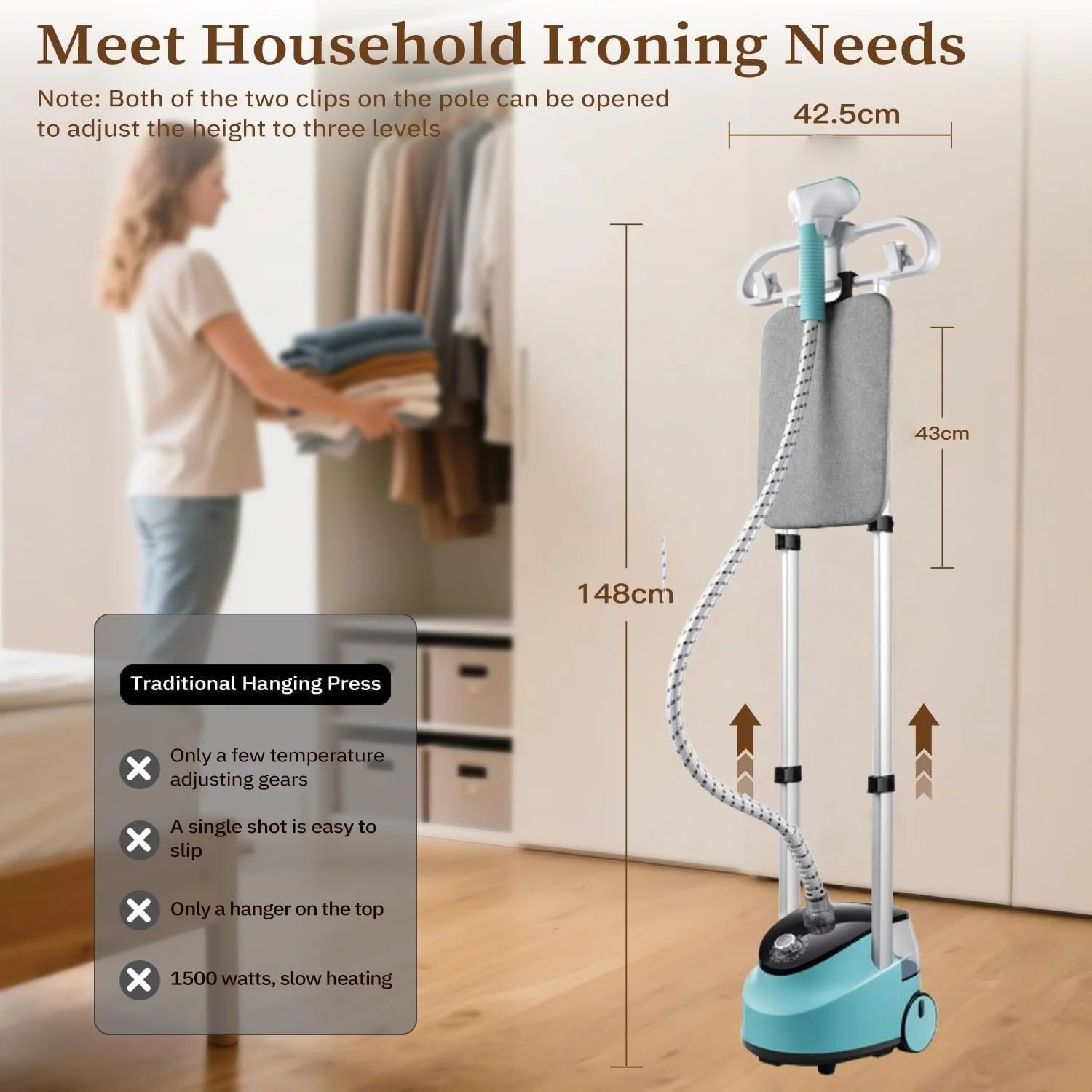 بخارگر عمودی لباس Yehpoar، مخزن جداشدنی، اتو بخار افقی و عمودی، بخارگر با قابلیت تنظیم ارتفاع و دارای صفحه اتو داخلی