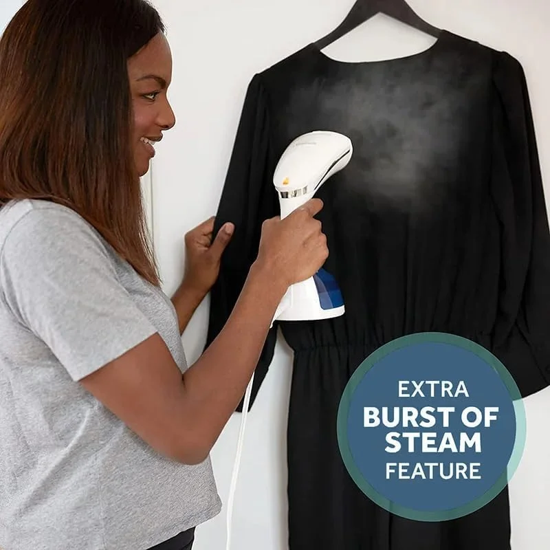 بخارگر دستی لباس یامیم 1100 وات – مخزن ضد چکه 200 میلی لیتری با دکمه جت بخار و برس پرزگیر جداشدنی – بخارگر فشرده پارچه برای مسافرت و خانه، سفید/آبی