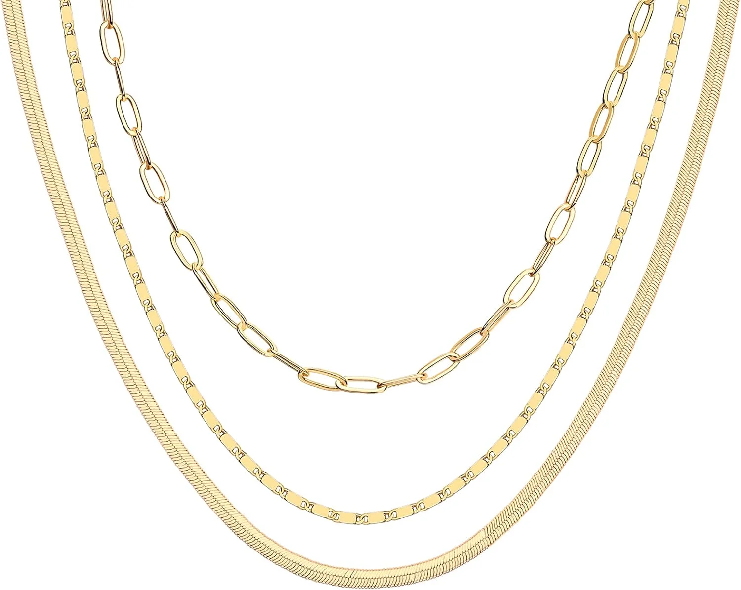 گردنبندهای ظریف لایه ای زنانه با روکش طلای 14 عیار | زنجیر ماری، زنجیر کارب، زنجیرهای لایه ای گیره کاغذی | گردنبند لایه ای مد روز