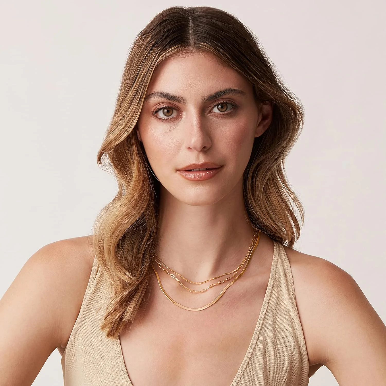 گردنبندهای ظریف لایه ای زنانه با روکش طلای 14 عیار | زنجیر ماری، زنجیر کارب، زنجیرهای لایه ای گیره کاغذی | گردنبند لایه ای مد روز