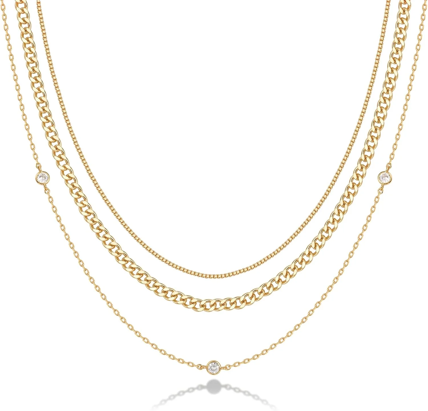 گردنبندهای لایه ای ظریف با روکش طلای 14 عیار PAVOI برای زنان | زنجیر ماری، زنجیر کارب، زنجیرهای لایه ای پاپرکلیپ | گردنبند لایه ای مد روز