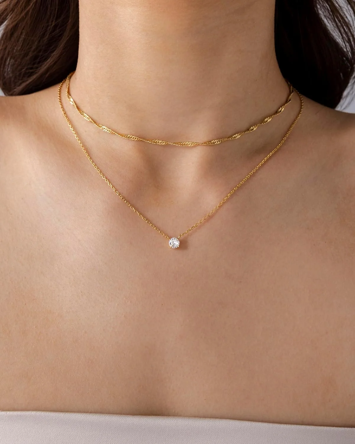 گردنبند لایه ای تک نگین گرد با روکش طلای 14 عیار پاوی مخصوص بانوان | ست گردنبند بیانیه زیرکونیا کوبیک